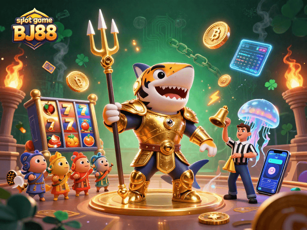 Experience slot game BJ88 where a mighty shark rules an underwater colosseum filled with colorful slots.
