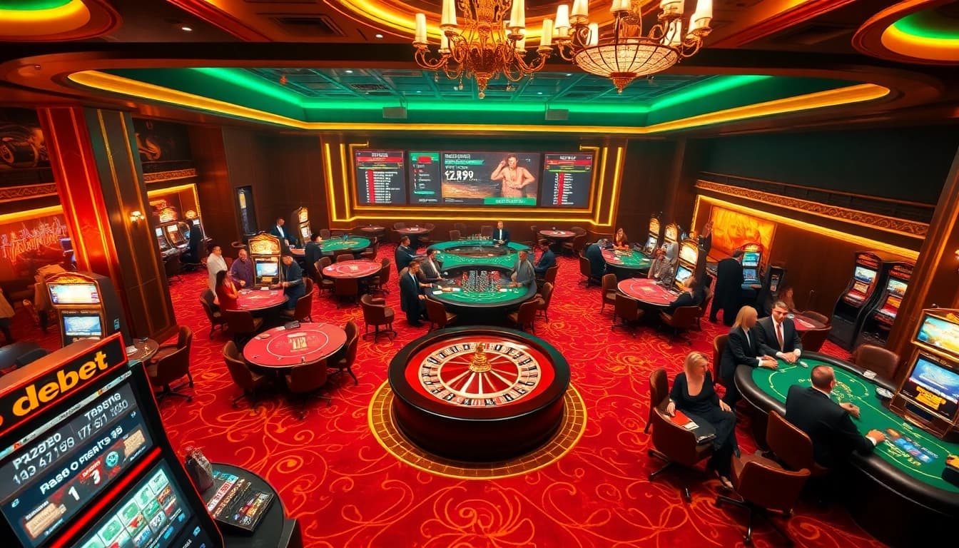 Experience high-stakes play at DEBET's luxurious casino with roulette and poker tables.