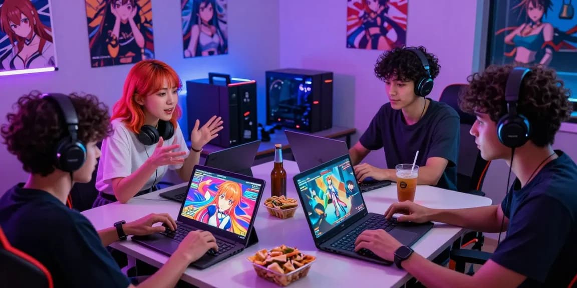 Young adults playing hentai games together in a vibrant gaming room, showcasing excitement and camaraderie.