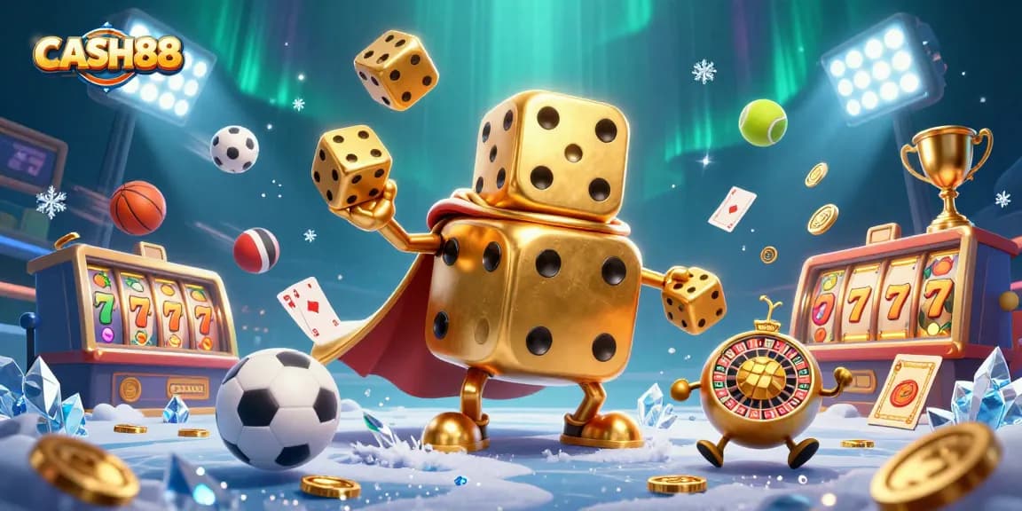 Engage with CASH88 in an exciting 3D casino scene filled with golden dice, sports elements, and jackpots.