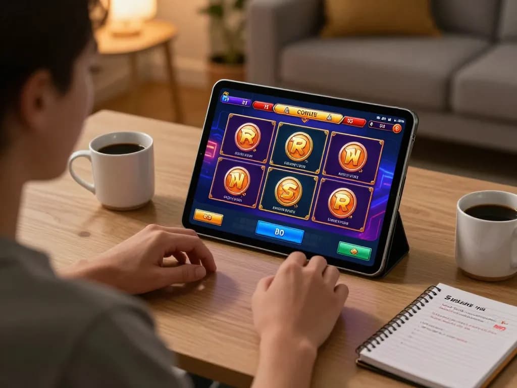 Engage with SpinAdvisor's slot recommendations on a tablet during home gaming session.