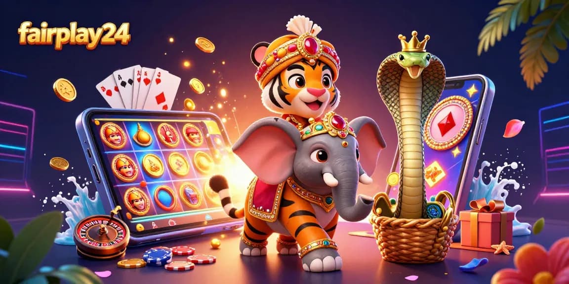 Experience thrilling gaming with fairplay24’s vibrant 3D casino scene featuring a maharaja tiger, elephant, and immersive game elements.