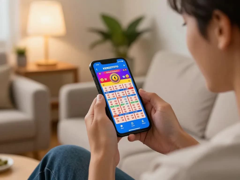 Aplikasi Kenzototo dalam aksi saat pemain memeriksa hasil lotere terbaru di smartphone di ruang tamu yang nyaman