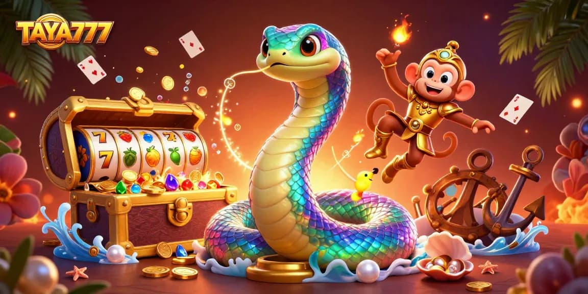 TAYA777 players enjoying thrilling slot machine wins with vibrant treasures and enchanting characters.
