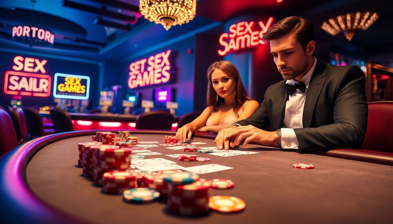 Engaging scene featuring a poker table with sex game elements in a luxurious casino environment.