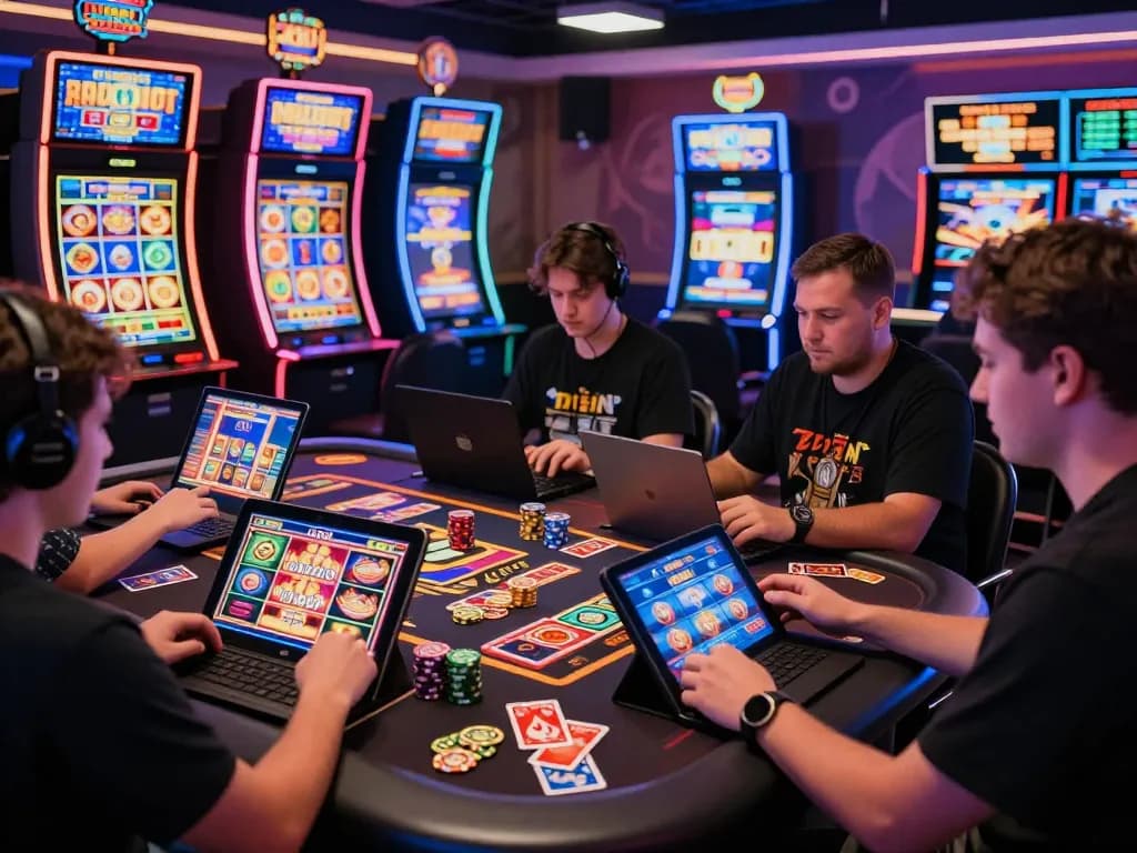 Players excitedly engaging with online gaming at https://net88.wtf/ digital casino, showcasing vibrant slot machines.