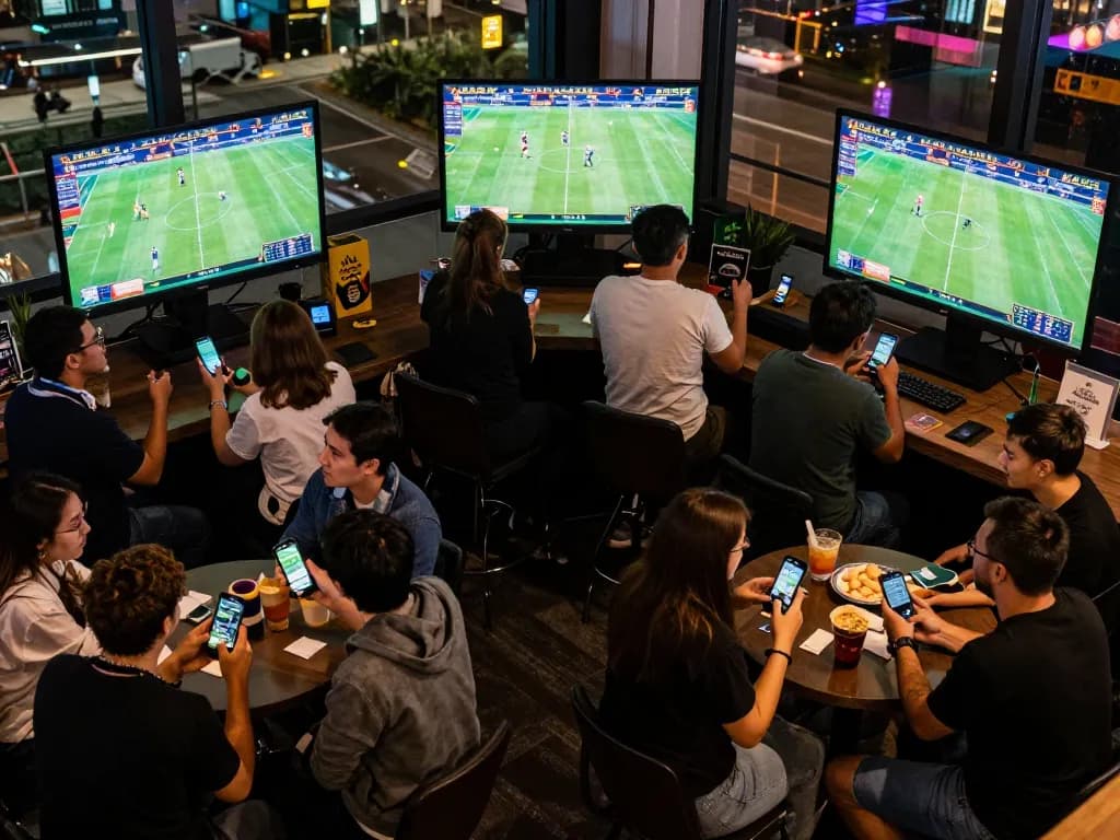 Fans enthusiastically placing bets while watching live sports at 92slot, capturing the excitement of sports betting
