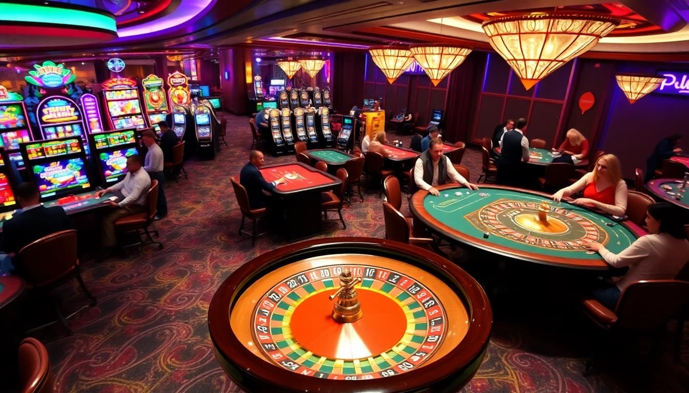Experience the excitement of phwin at a luxurious casino with vibrant slot machines and dynamic players.