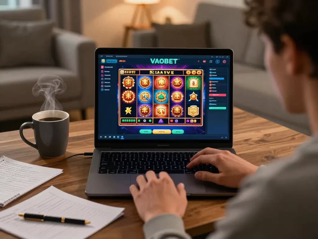 Engaging scene of online gaming with VAOBET platform on laptop, showcasing vibrant slot machine gameplay.