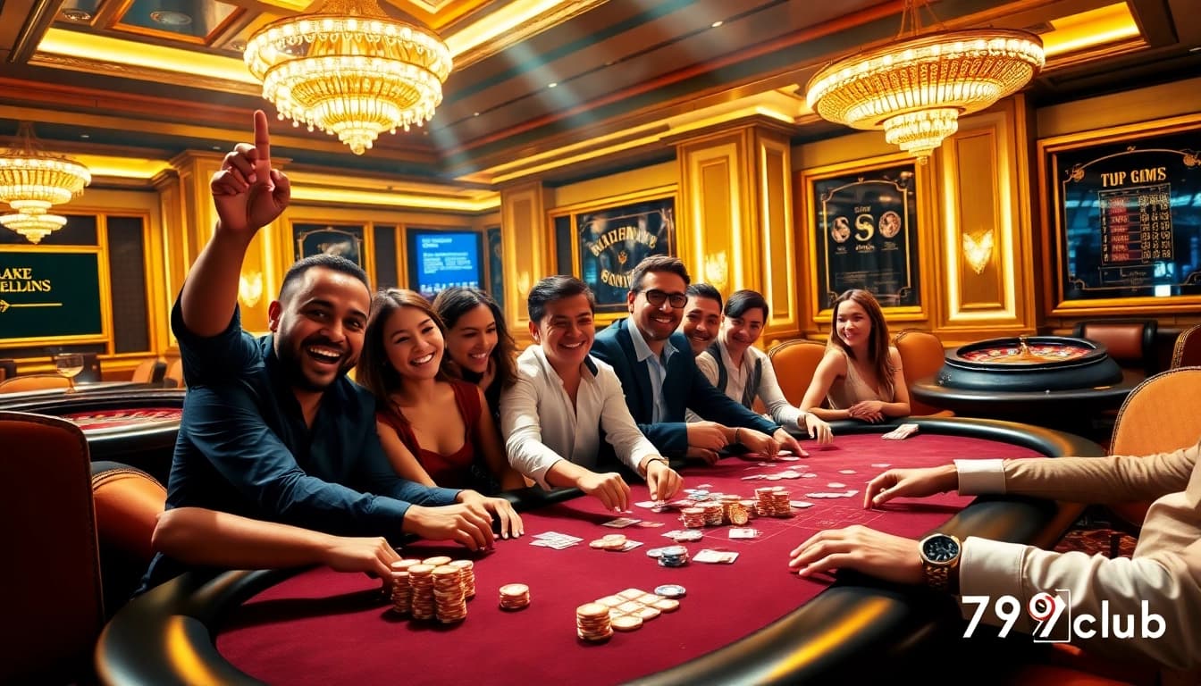 High-stakes poker action at 789club casino with vibrant atmosphere and luxury decor.