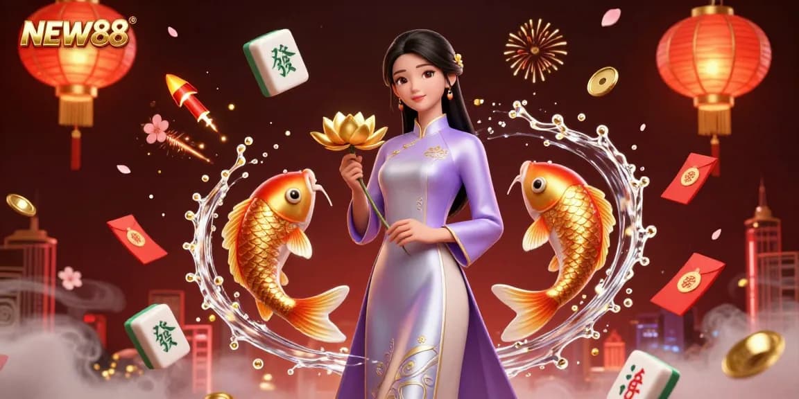 Engage in thrilling gaming at NEW88, featuring captivating Asian-inspired visuals and dynamic casino elements.