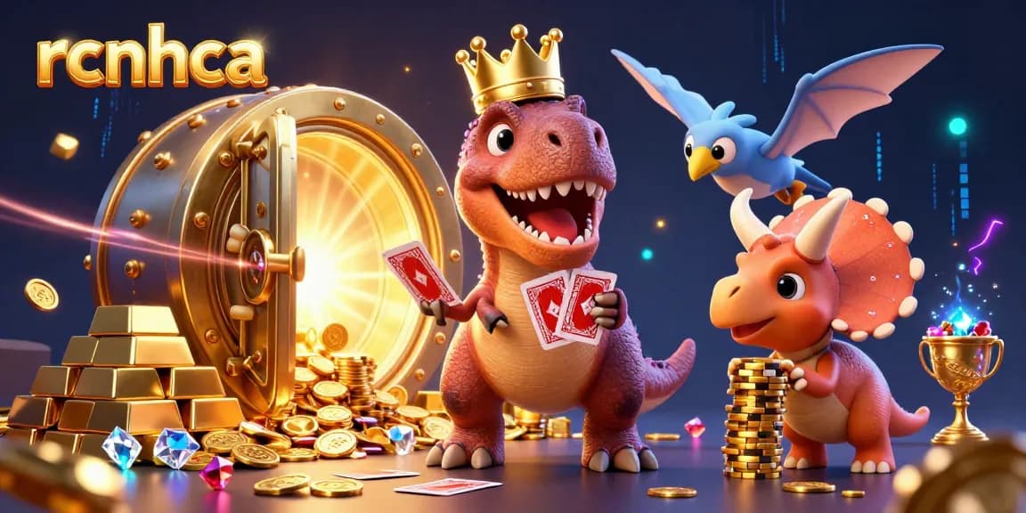 Engage with rcnhca as a T-Rex card dealer shuffles while a pterodactyl aids in a vibrant casino scene.