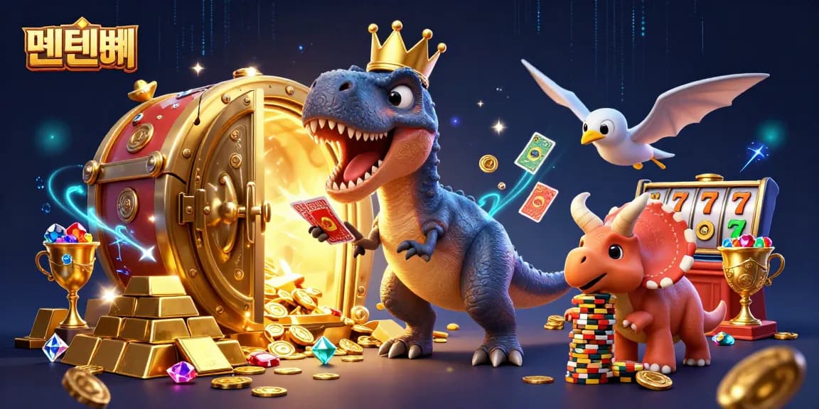 Engage in unbeatable fun at 텐텐벳, illustrated with a T-Rex shuffling cards amidst gold treasures and dynamic casino elements.
