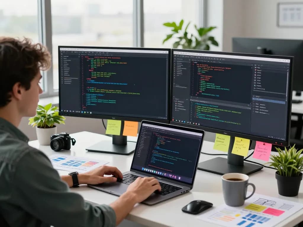 Focused developer at https://lode884.co.com/ coding in a modern workspace with dual monitors and creative tools.