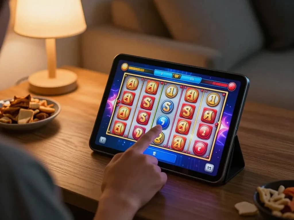 Pemain terlibat memutar mesin slot dalam sesi permainan online di rumah, menunjukkan pengambilan keputusan strategis