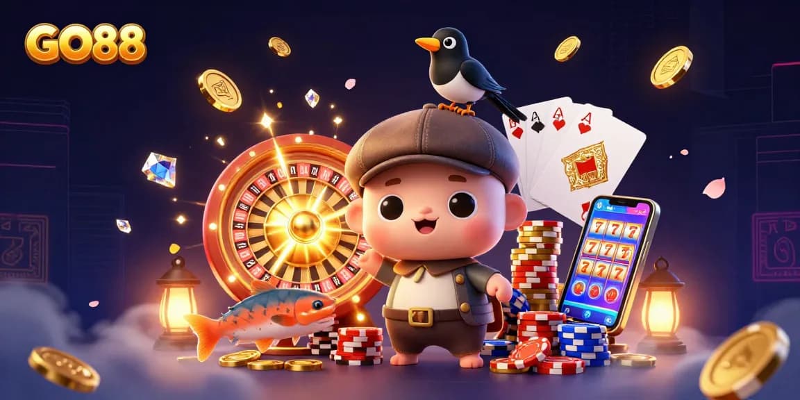 Experience the magic of GO88 with vibrant casino elements and charming characters in a playful scene.