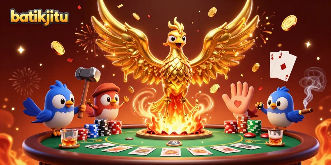 Batikjitu menghadirkan ilustrasi kasino yang penuh warna dengan tema phoenix dan elemen poker yang menarik.