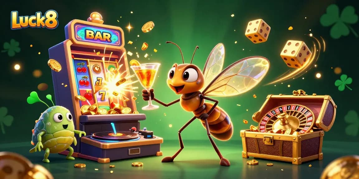 Experience thrilling gaming at Luck8 with a lively 3D scene of vibrant casino characters and exploding jackpots.