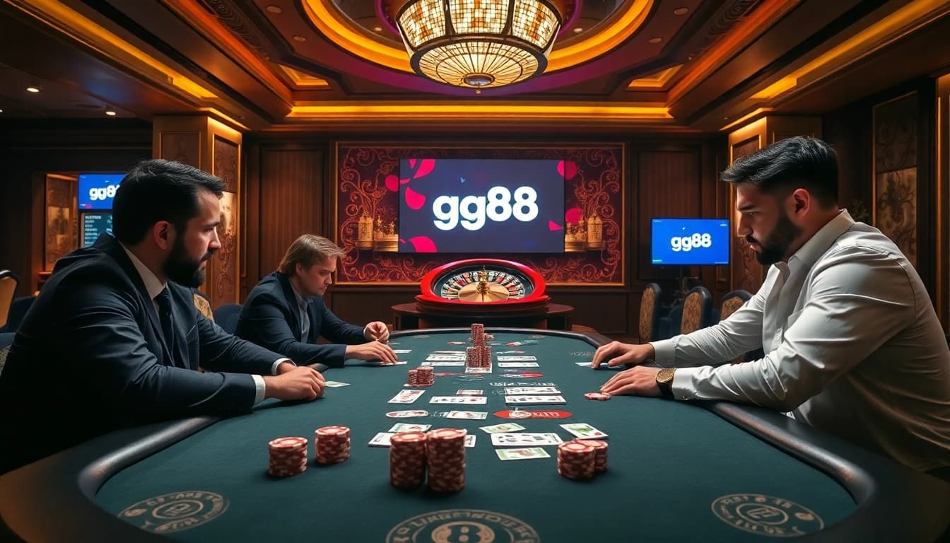 Placing bets at gg88 poker table with vibrant chips and cash, exuding luxury and excitement.