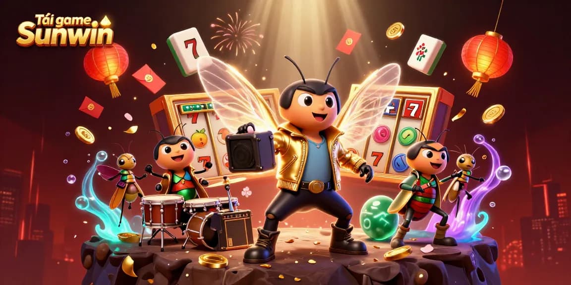 Download Tải game Sunwin with an exciting casino rock star scene of vibrant slot reels and festive elements.