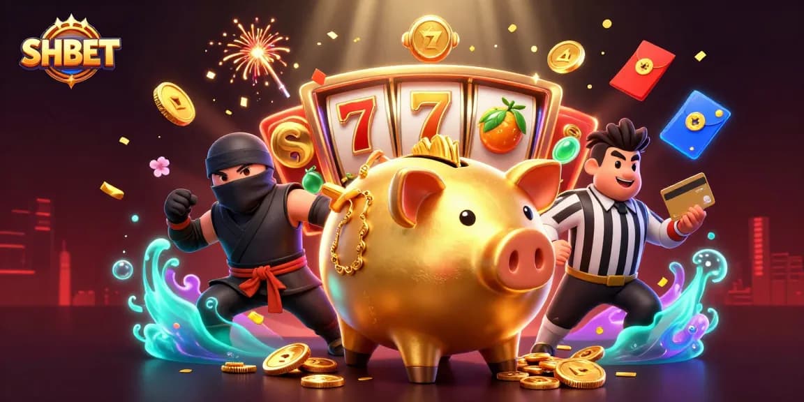 Engaging scene featuring SHBET's golden piggy bank sumo wrestler, wallet ninja, and credit card samurai amidst dynamic slot reels and rich decorations.