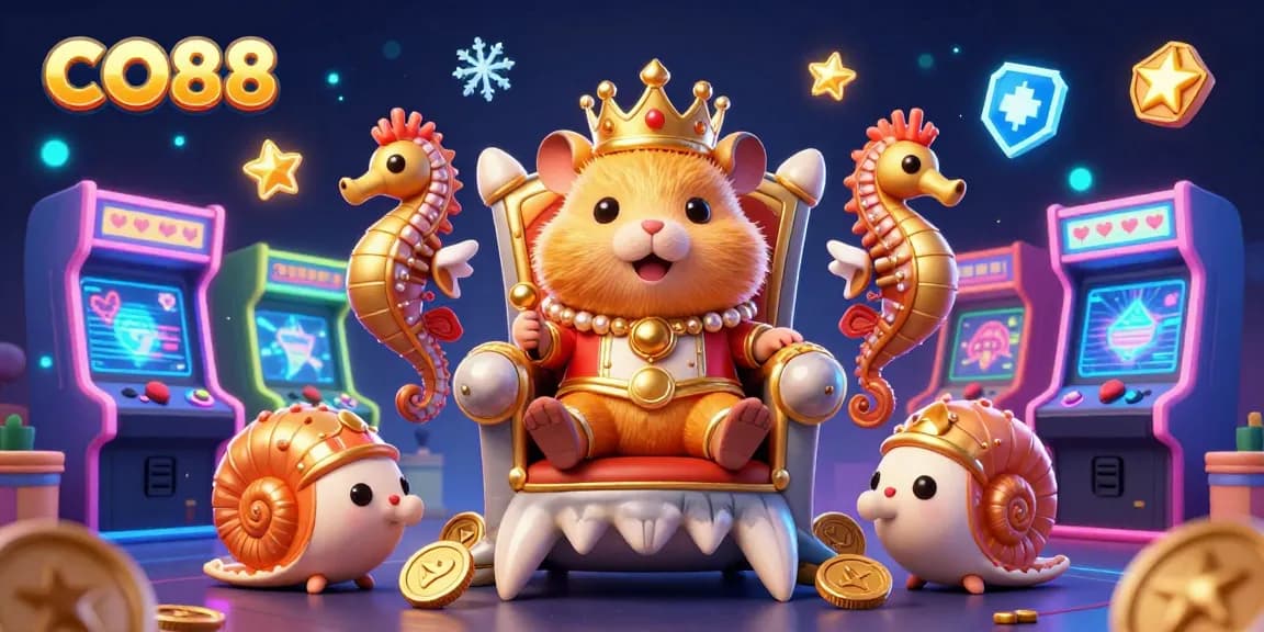 Experience vibrant gameplay with CO88: a golden hamster king in a casino throne of excitement.