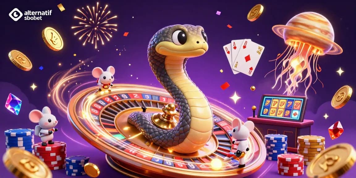 Engage with alternatif sbobet in a vibrant 3D casino scene featuring a Saturn ring snake and cosmic dealer.