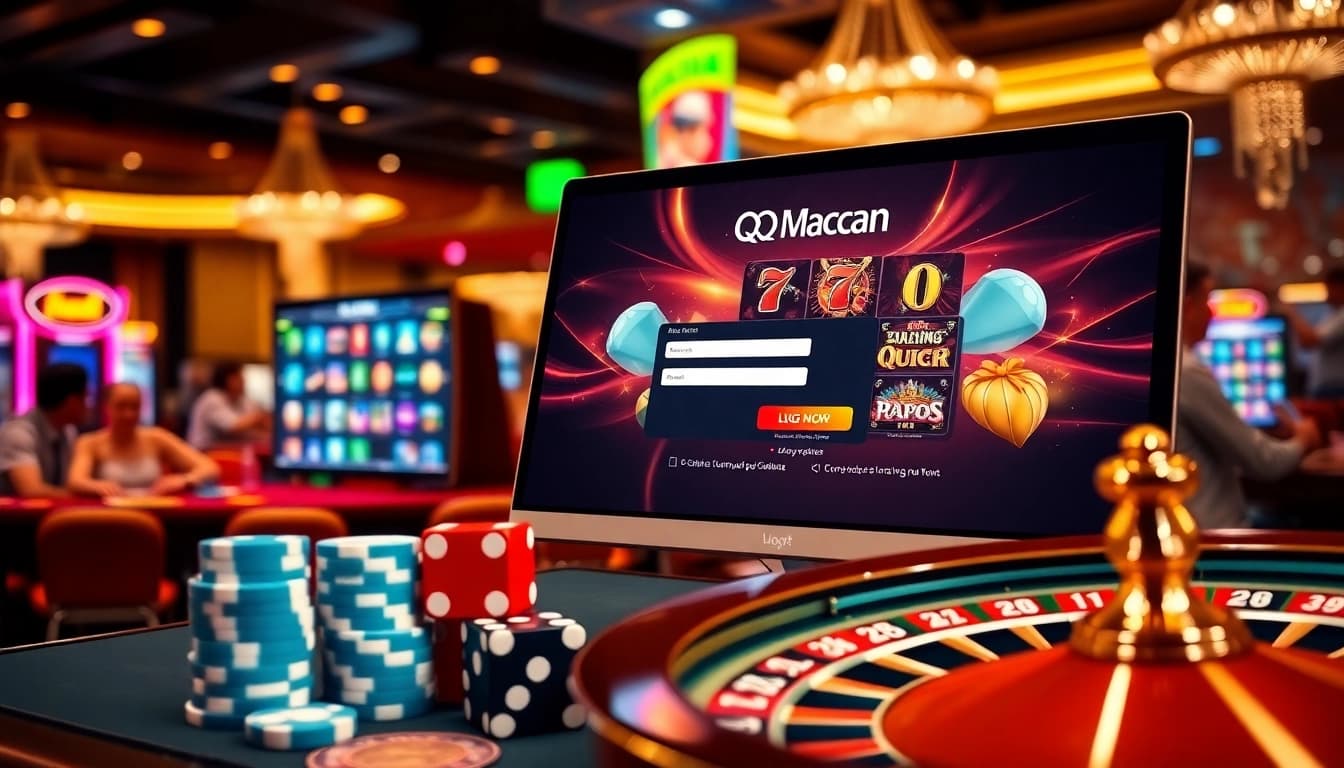 Experience seamless qqmacan login with vibrant online gambling graphics and engaging casino elements.