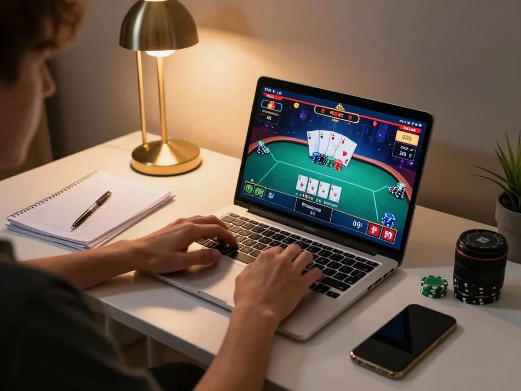 Engaging in online poker gameplay on gameradar with laptop and game interface active