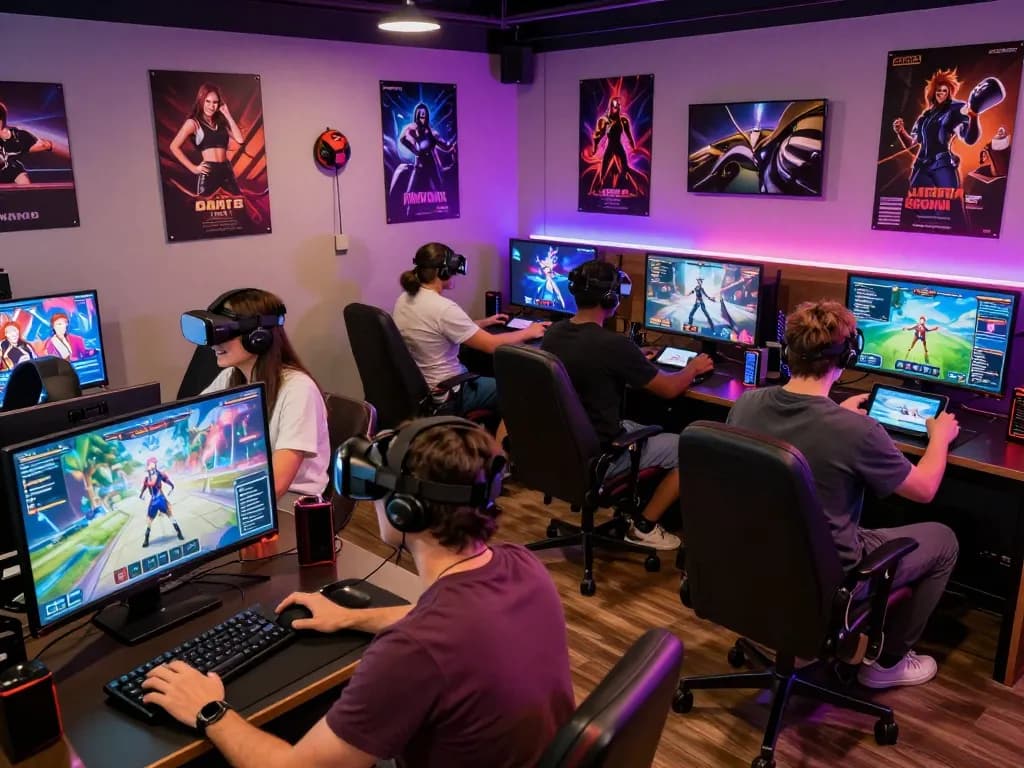 Engaged adults playing various adult games in a vibrant gaming lounge.