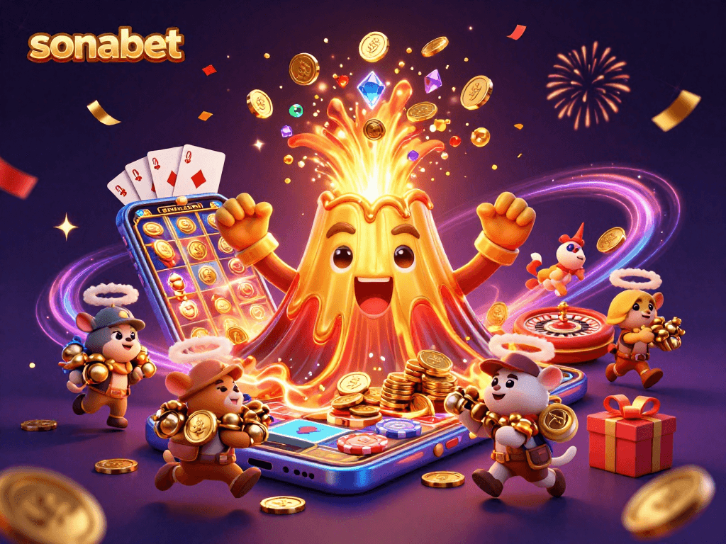 Experience thrilling gameplay at sonabet with vibrant slots and joyous treasures erupting from a golden volcano.