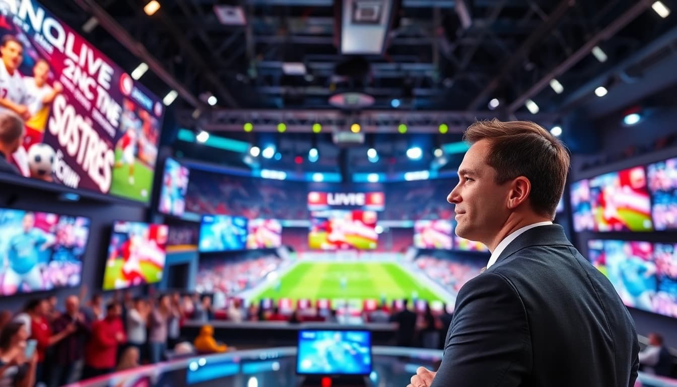 Engaging sports broadcasting studio showcasing a lively sports event with bright colors.