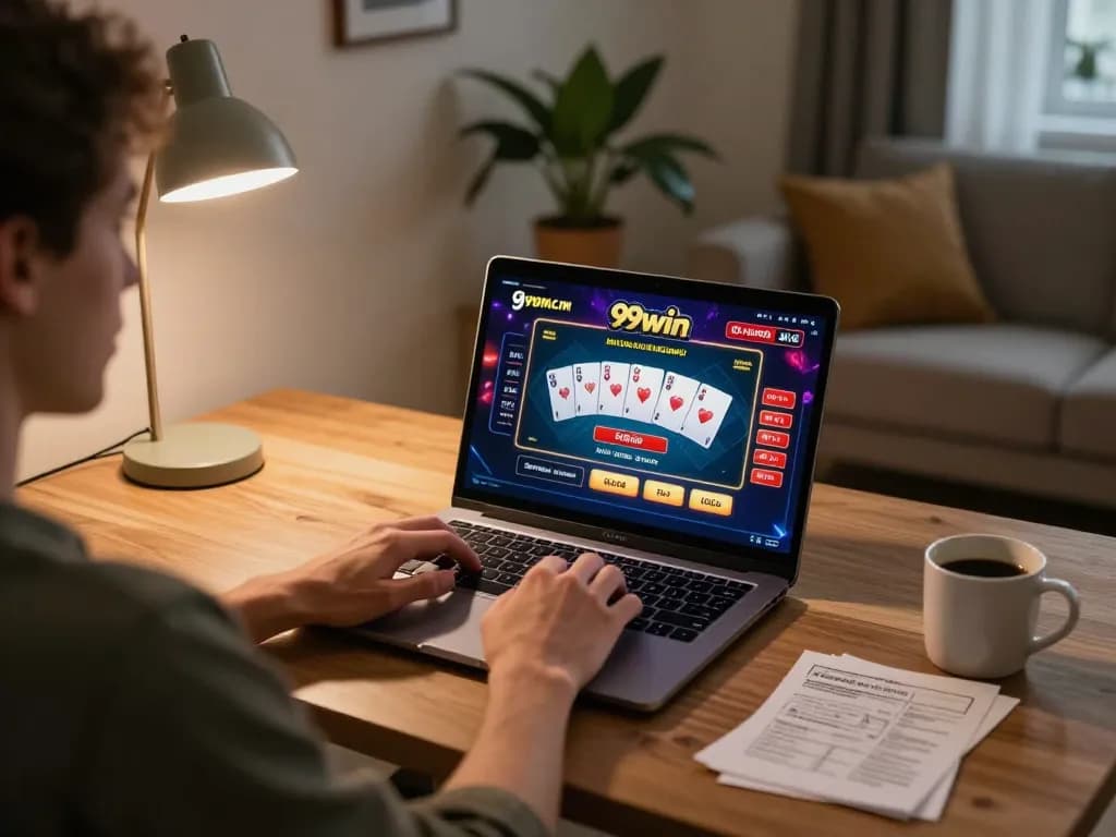 Playing poker on 99win com with a vibrant online interface in a cozy home setting.