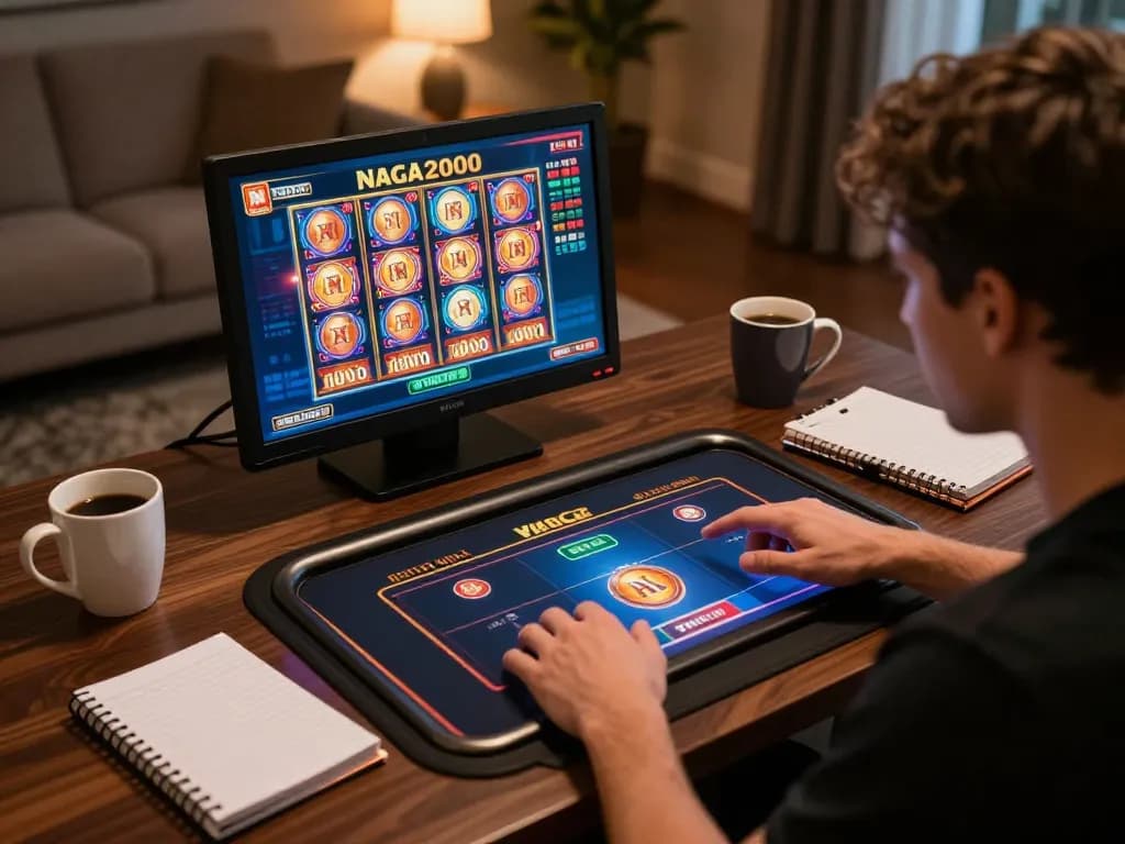 NAGA2000 SLOT gaming experience on a tablet showing vibrant graphics in comfortable home setting.