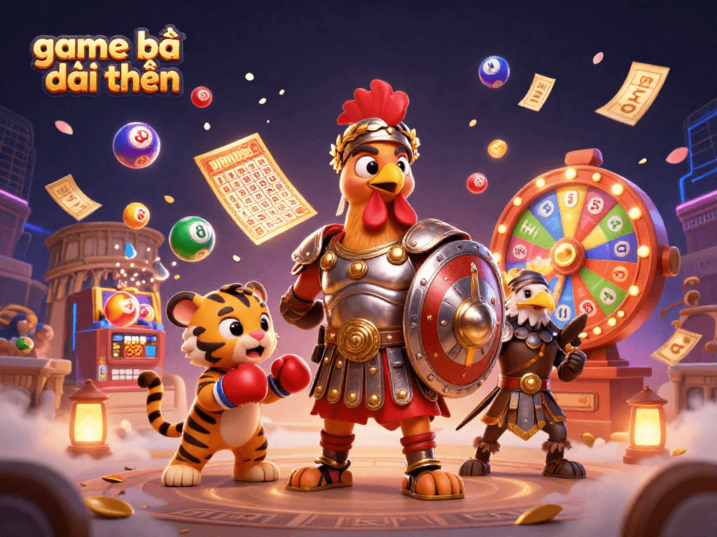 Experience the thrill of game bài đổi thưởng with a 3D cartoon gladiator rooster and vibrant gaming elements.