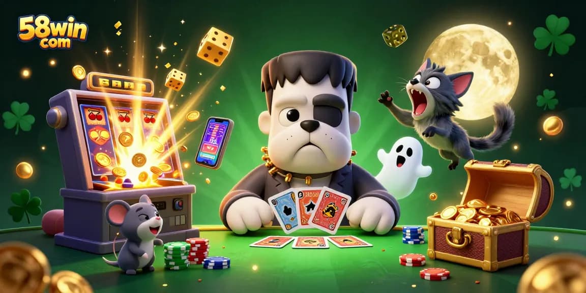 Experience thrilling gameplay at 58win com with a lively 3D cartoon casino scene featuring unique characters and vibrant casino elements.