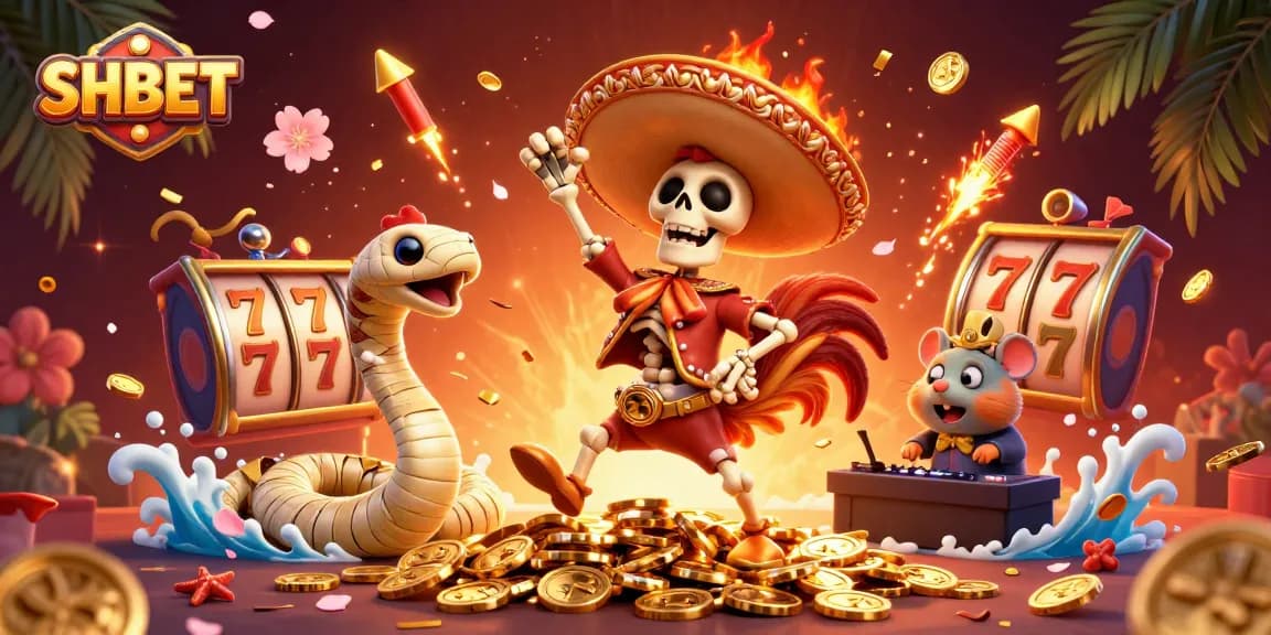 SHBET engages players with thrilling slot machines and vibrant golden coins in a festive casino scene.