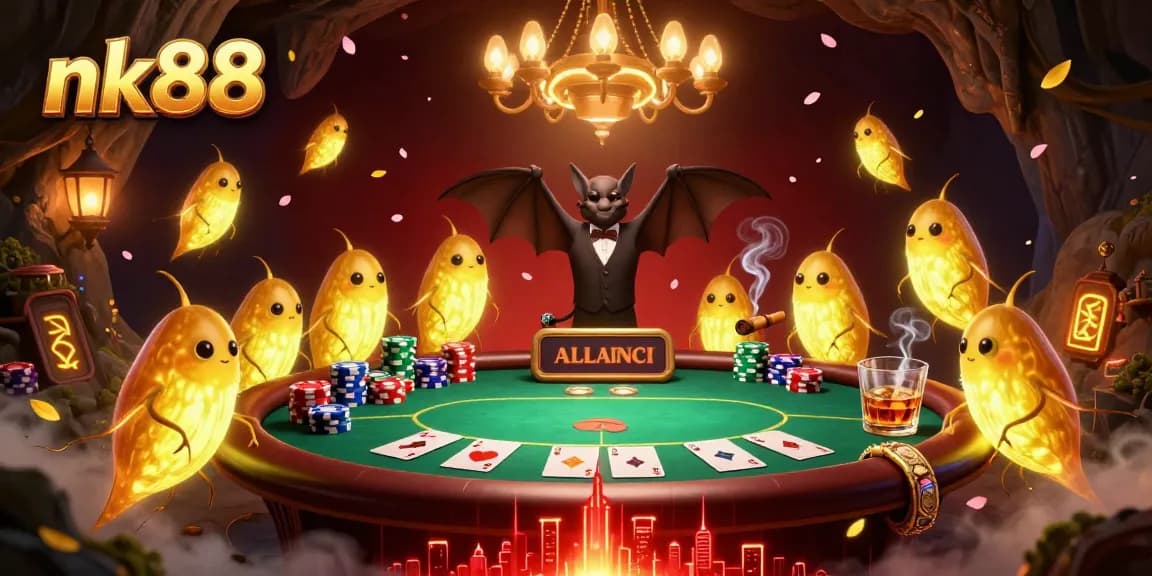 Experience the vibrant cave casino atmosphere at nk88 with glowing glowworms lighting the scene while playing poker.