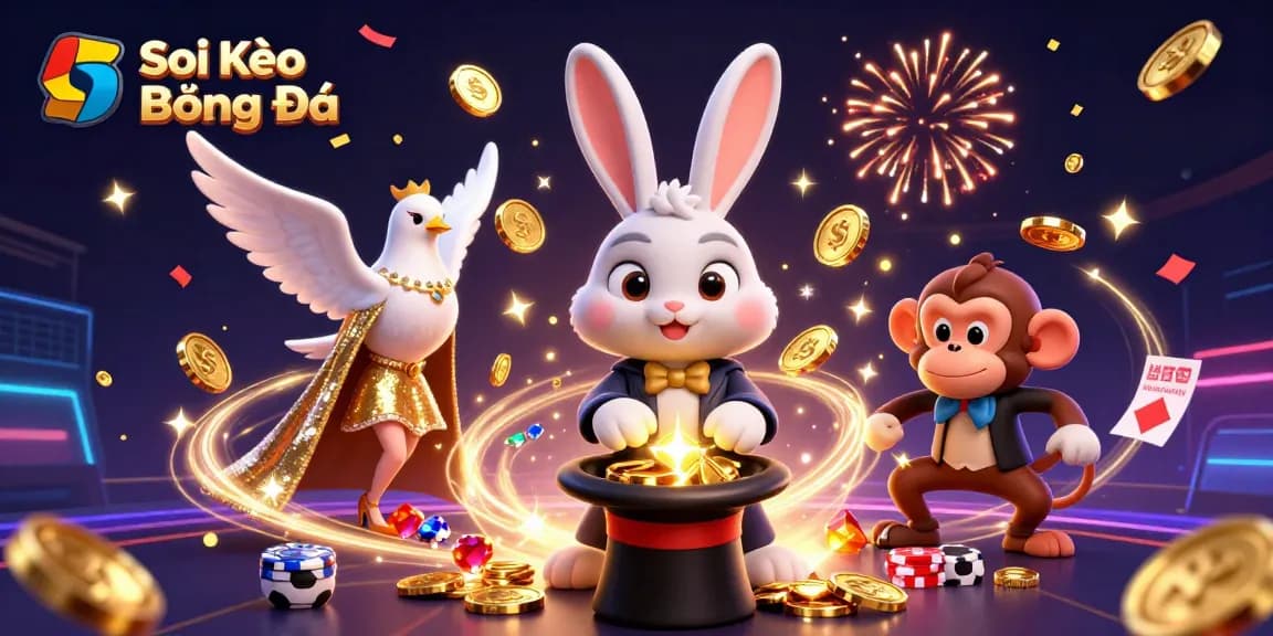 Soi Kèo Bóng Đá sports betting scene with animated characters and dynamic casino elements.