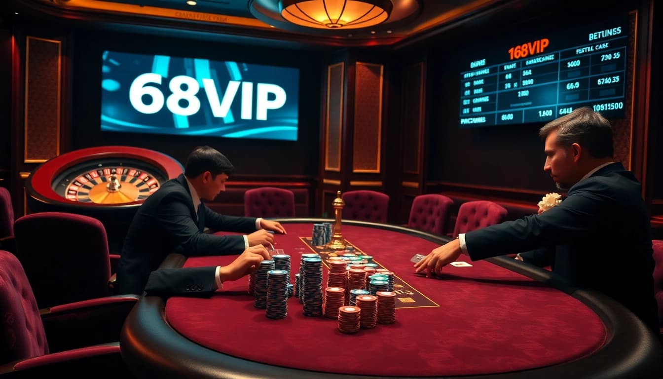 Players engaged in high-stakes poker at 68VIP casino, surrounded by vibrant gambling elements.