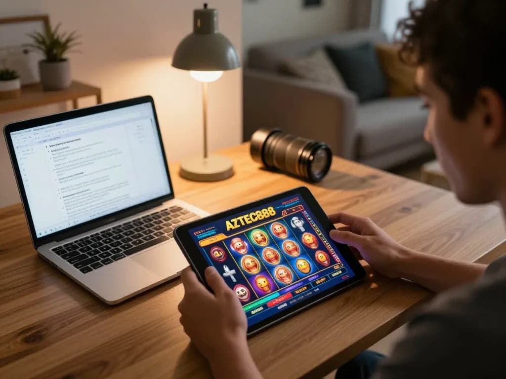 Player enjoying slots on AZTEC888 with strategic notes in a cozy living room setting