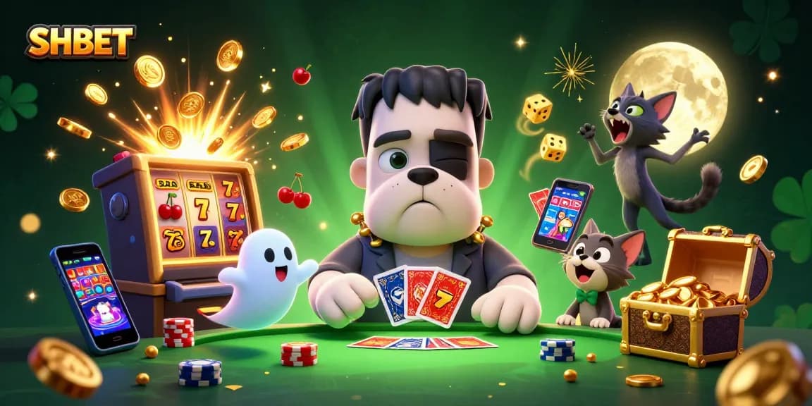 Experience exciting SHBET gameplay with a bustling casino scene filled with characters and elements of chance.