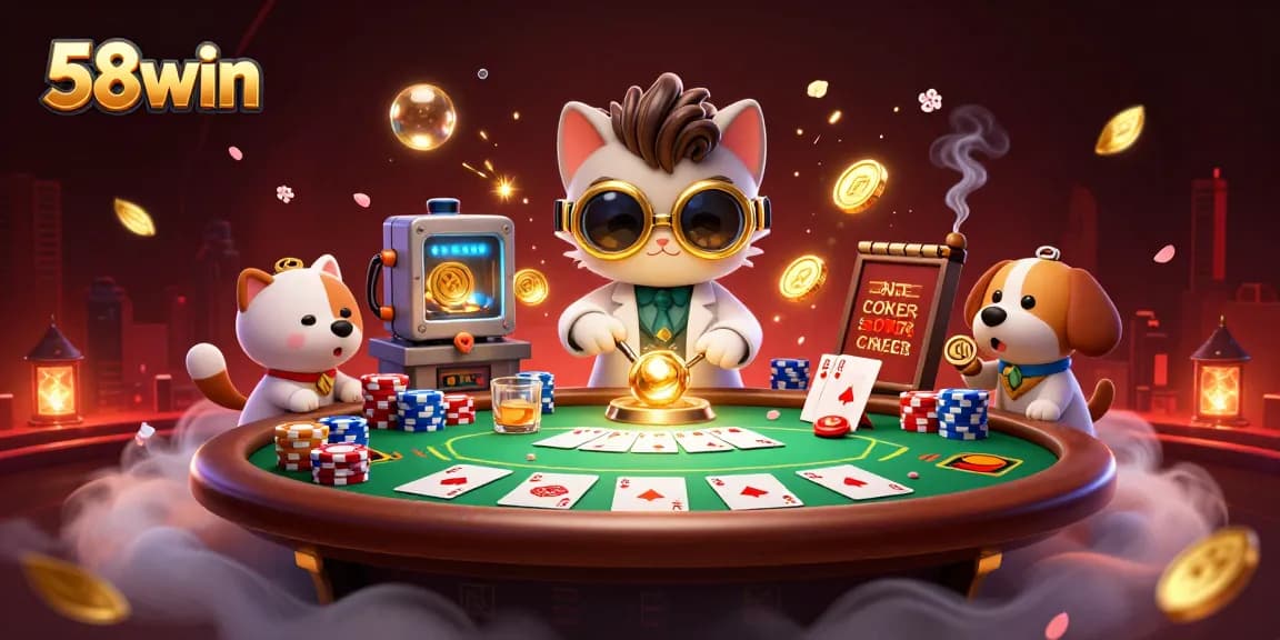 Experience the excitement of 58win with a mad scientist cat and dog assistant at a vibrant poker table!