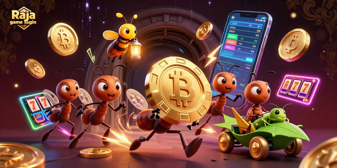 Raja game login - Ants carrying a giant poker chip through a vibrant casino scene