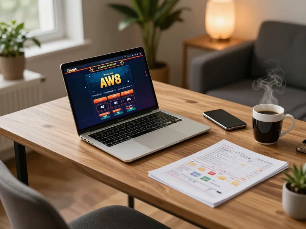 Person enjoying AW8 online casino on a cozy desk with gaming setup and strategic notes.