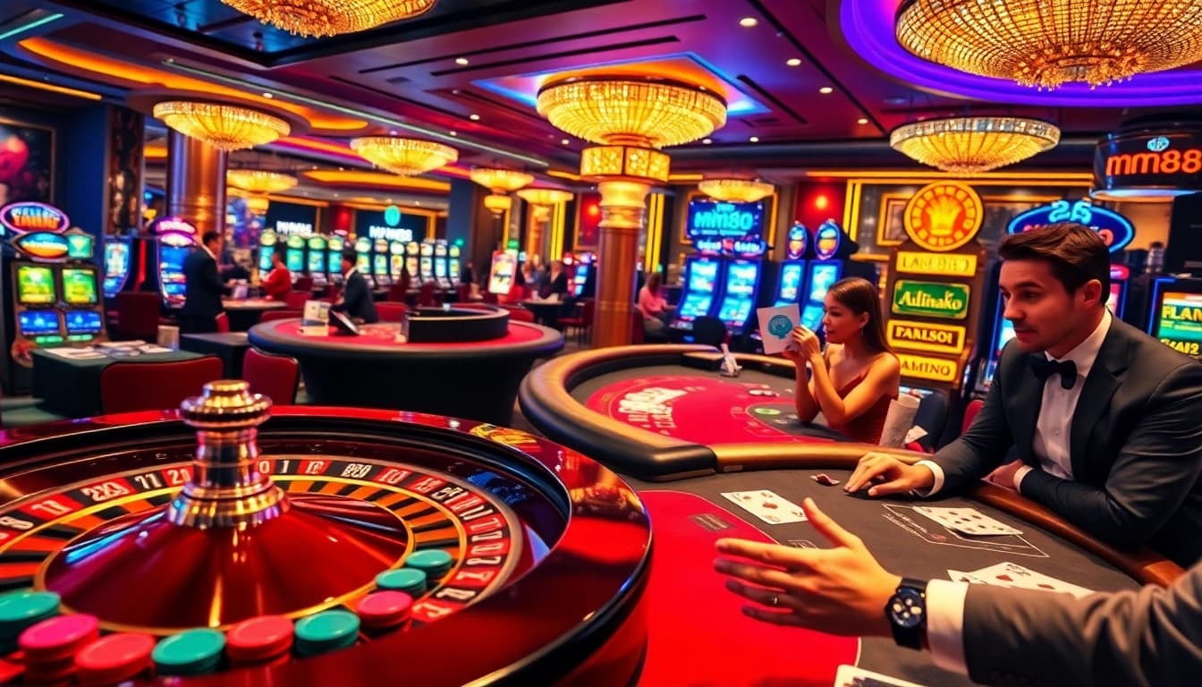 Players celebrating wins on mm88 casino tables, featuring roulette and slot machines.
