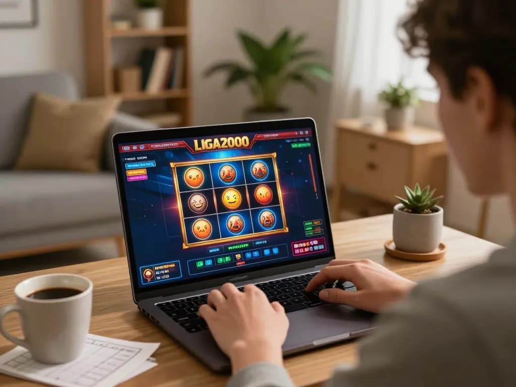 LIGA2000 online gaming session with vibrant slots displayed on the laptop screen in a cozy home setting.