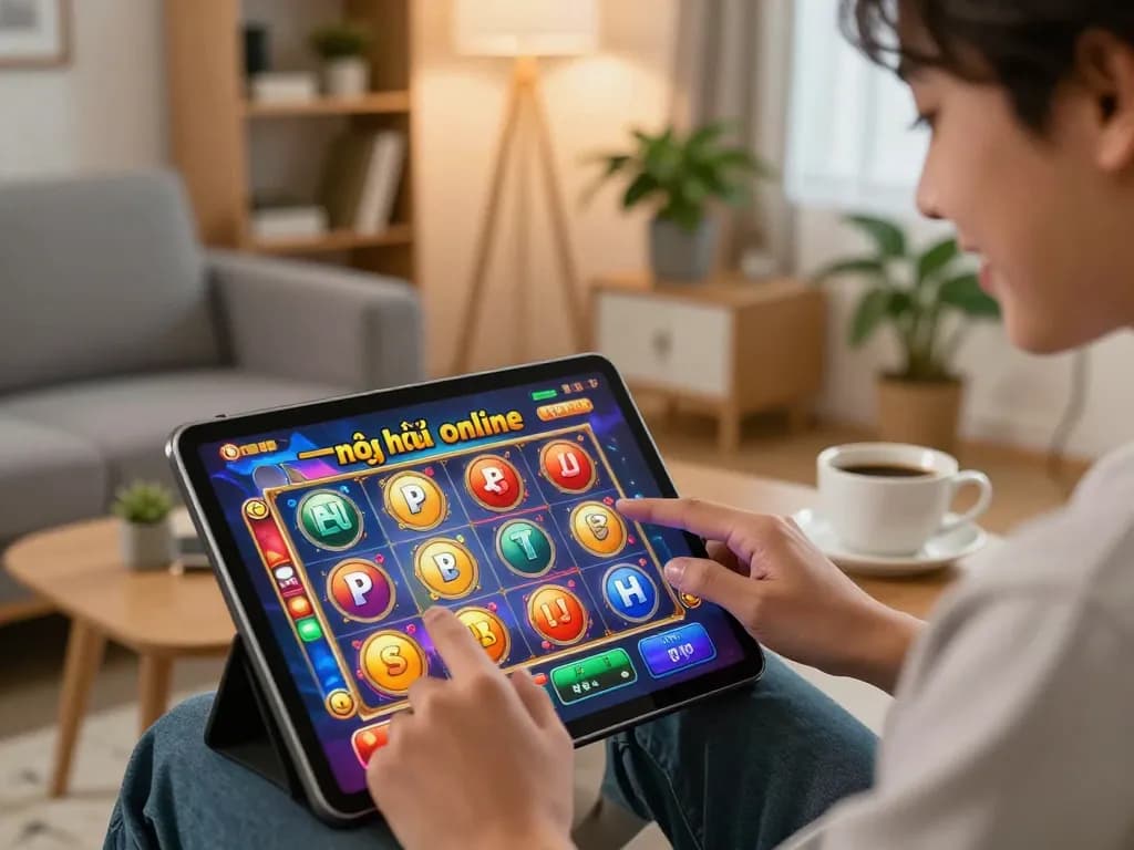 Engaging in nổ hũ online gaming on a tablet from a cozy living room.