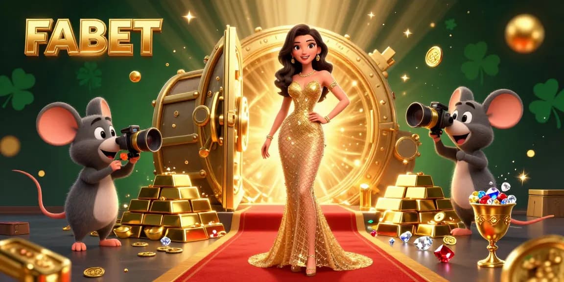 Experience excitement with FABET's golden treasures and rich gaming moments in this vibrant illustration.
