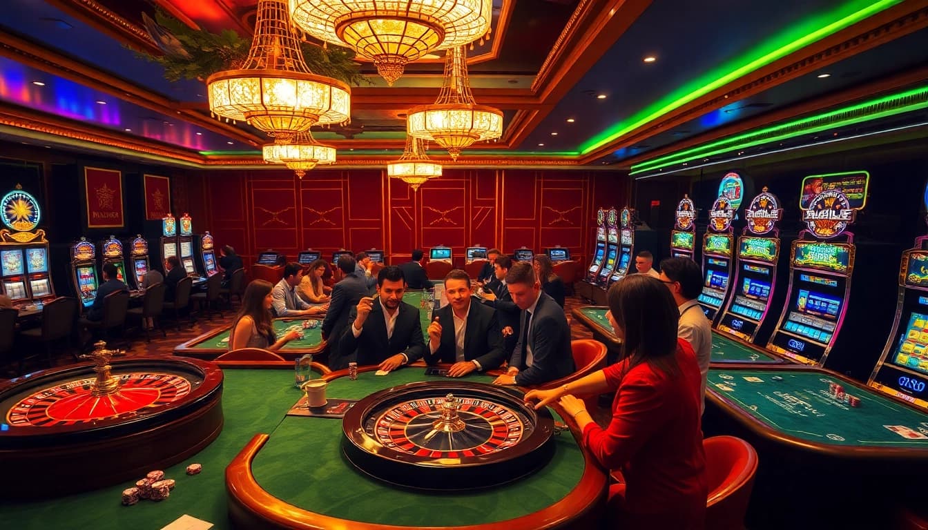 Engaged gamblers at a luxurious RR88 casino table, showcasing vibrant slots and roulette.